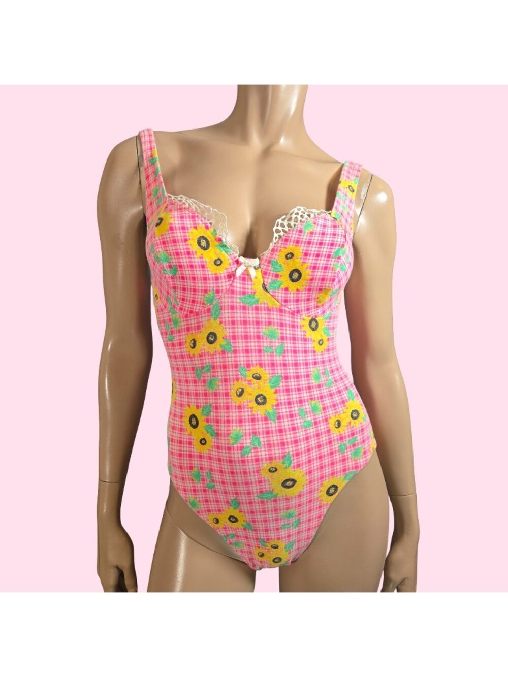 Vintage 90s Swimsuit Hot Pink Gingham Sunflowers Lace Trim Size S Coquette Retro